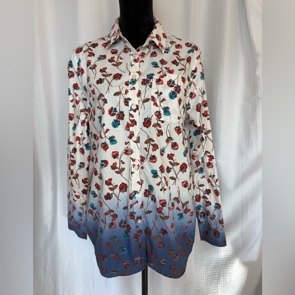 Lands’ End 100% cotton 2-tone multicolored floral print long sleeve blouse 10/12